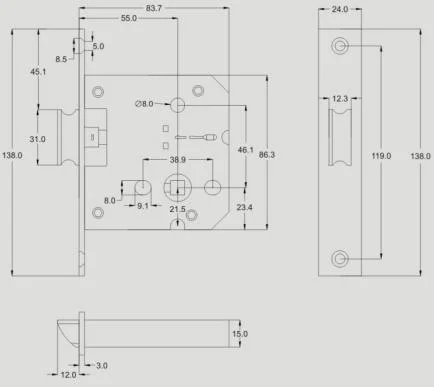 drawings size for door lock body
